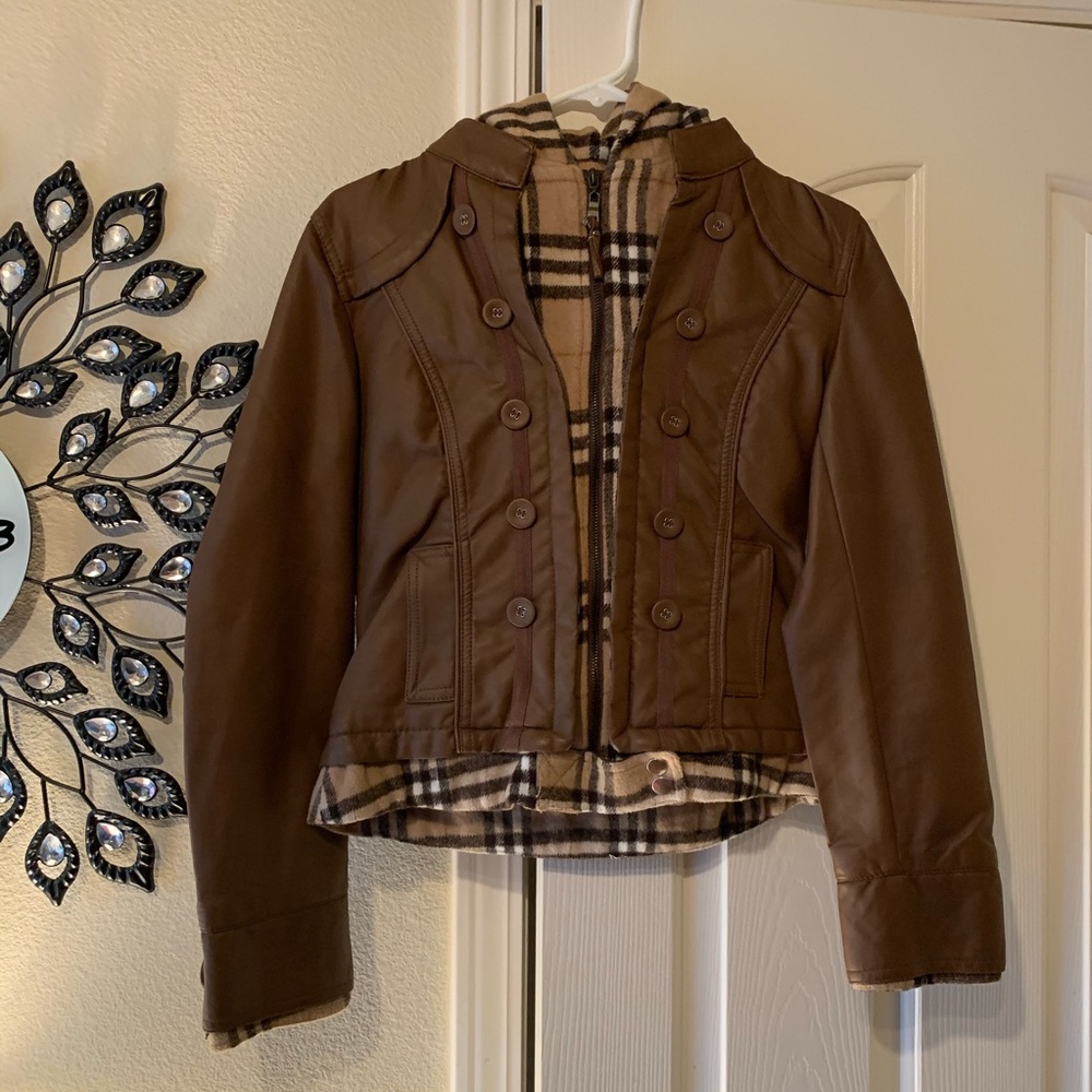 Faux Leather Jacket with Plaid Lining